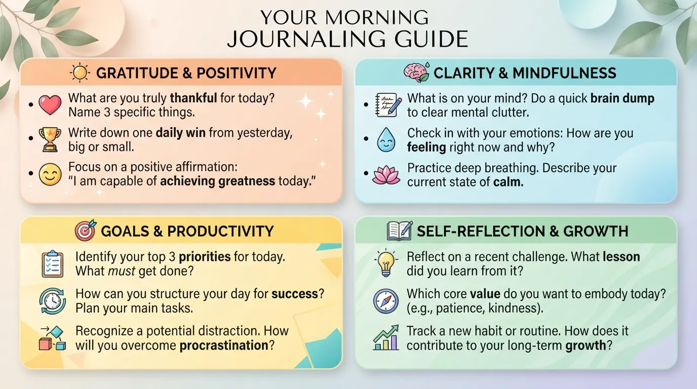 An organized chart breaking down morning journal prompts into clear categories like gratitude, mental clarity, goal setting, and self-reflection.