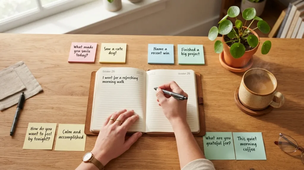 A hand writing in an open journal surrounded by colorful sticky notes with quick motivational journal prompts and positive affirmations.