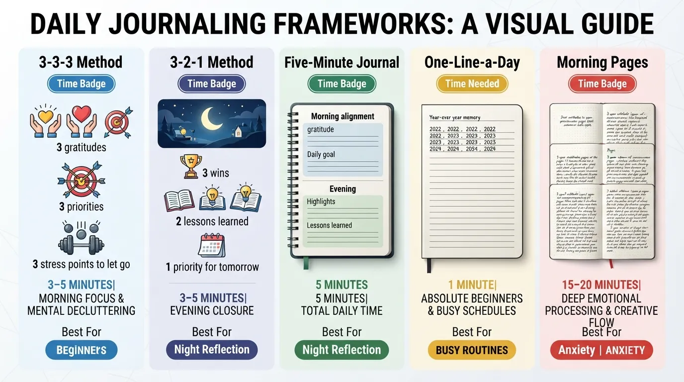 Comparison chart outlining popular daily journaling methods including 3-3-3, 3-2-1, Five-Minute Journal, One-Line-a-Day, and Morning Pages with time required and primary benefits
