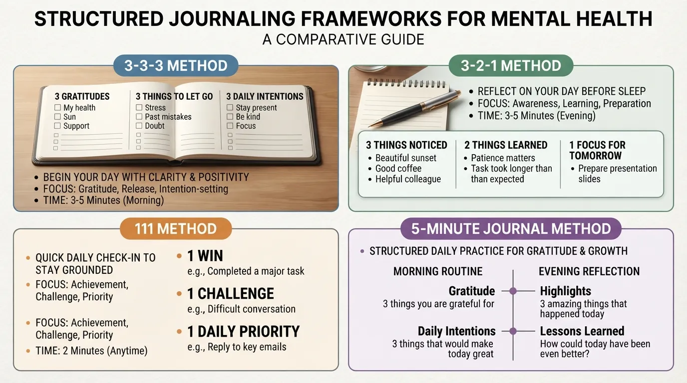 Comparison guide highlighting four daily journaling methods for mental health including the 3-3-3, 3-2-1, 111, and 5-minute techniques with steps and ideal uses