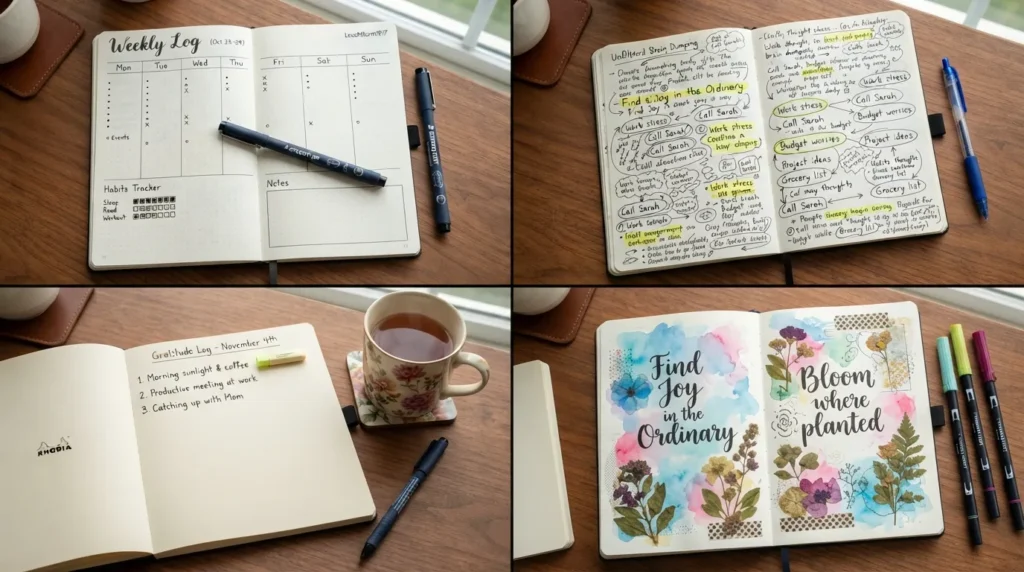 An organized desk featuring four distinct popular journaling methods including Bullet Journaling, Brain Dump, Gratitude Journaling, and Art Journaling side by side.