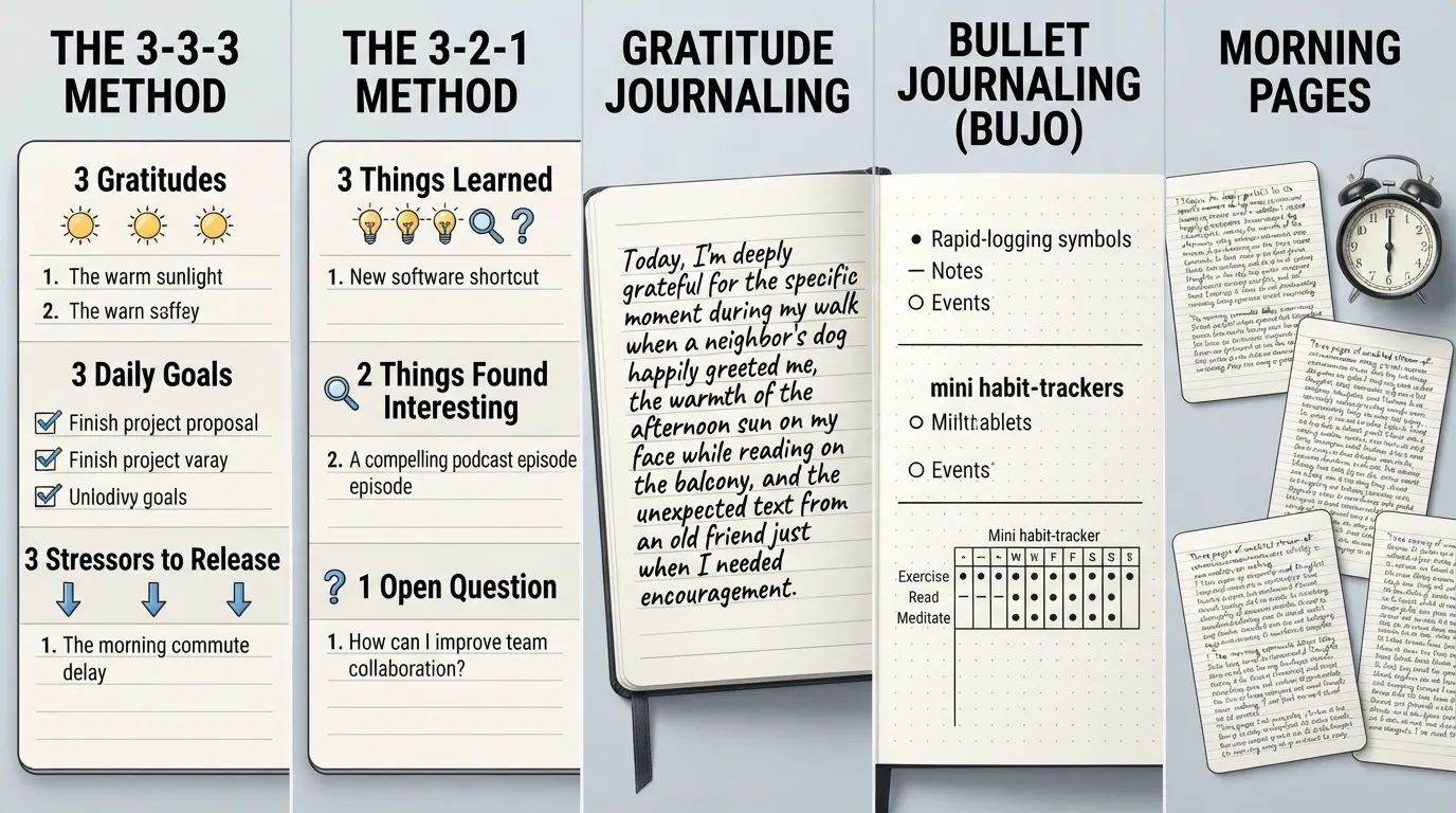 An infographic illustrating five popular journaling methods including the 3-3-3 method, 3-2-1 reflection, gratitude journaling, bullet journaling, and morning pages.