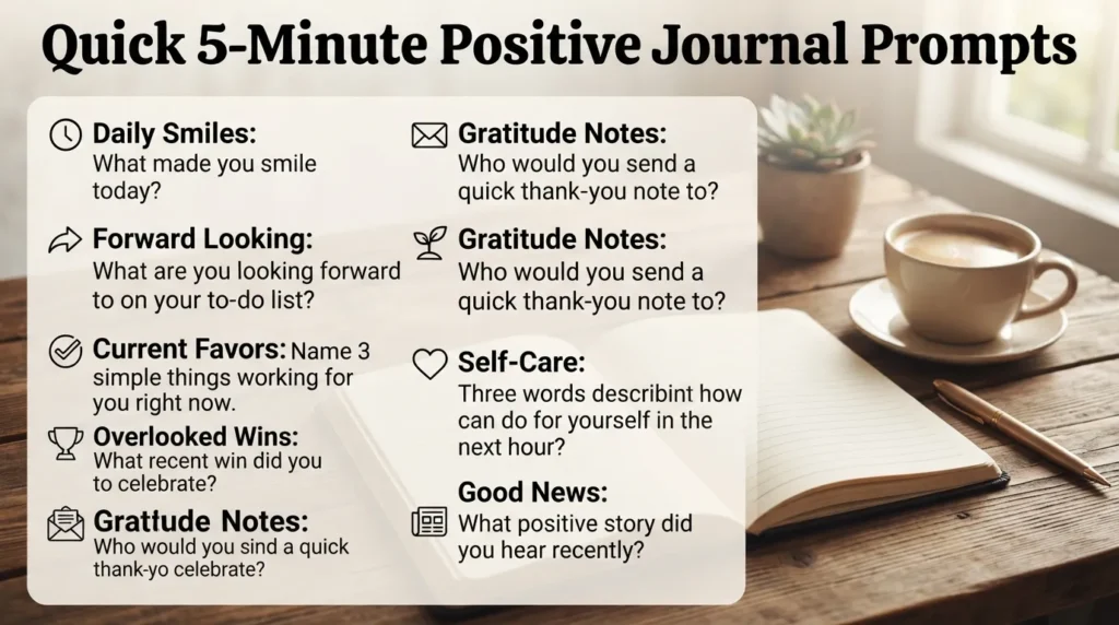 An open journal on a wooden desk next to a pen and cup of coffee, featuring a visual list of quick 5-minute positive journal prompts for personal growth and motivation.