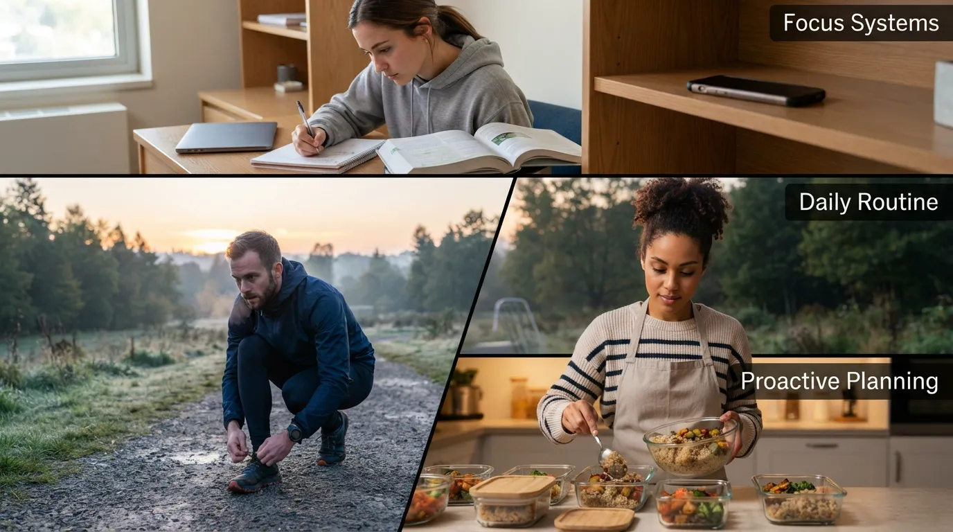 A three-panel layout showing real-life examples of self-discipline: a student focused on studying with a smartphone turned off, an athlete running at sunrise, and a professional meal prepping for the week.