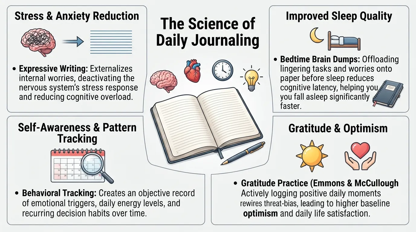 Infographic detailing four science-backed benefits of daily journaling: stress reduction through expressive writing, improved sleep quality via bedtime brain dumps, enhanced self-awareness through pattern recognition, and increased optimism from daily gratitude practice.