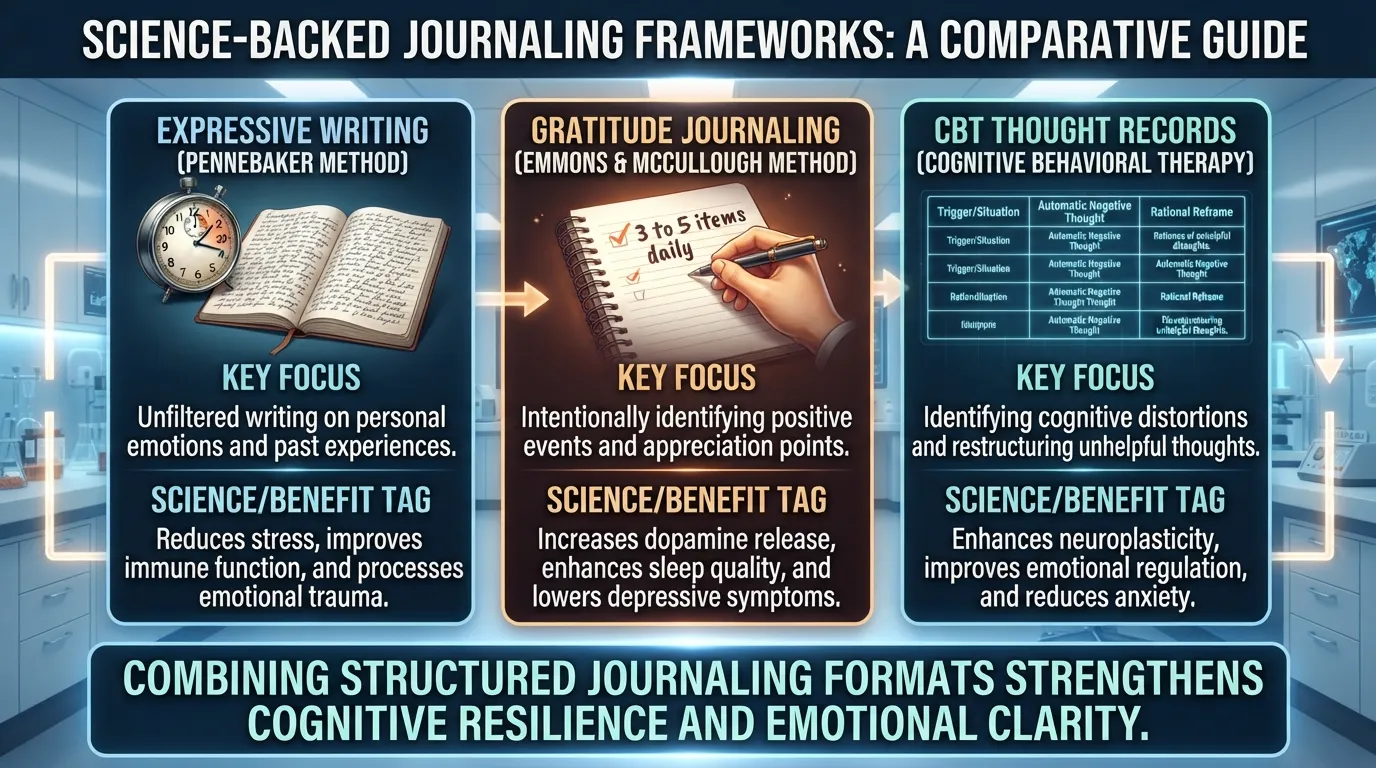 Infographic diagram illustrating science-backed journaling frameworks including Expressive Writing, Gratitude Journaling, and CBT Thought Records with cognitive benefits.