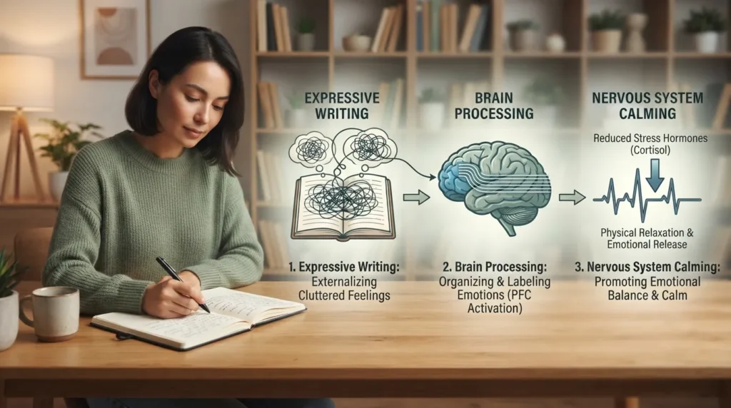 An infographic illustrating how expressive writing impacts the brain, showing a person journaling next to visual steps connecting emotional expression to reduced stress and nervous system regulation.