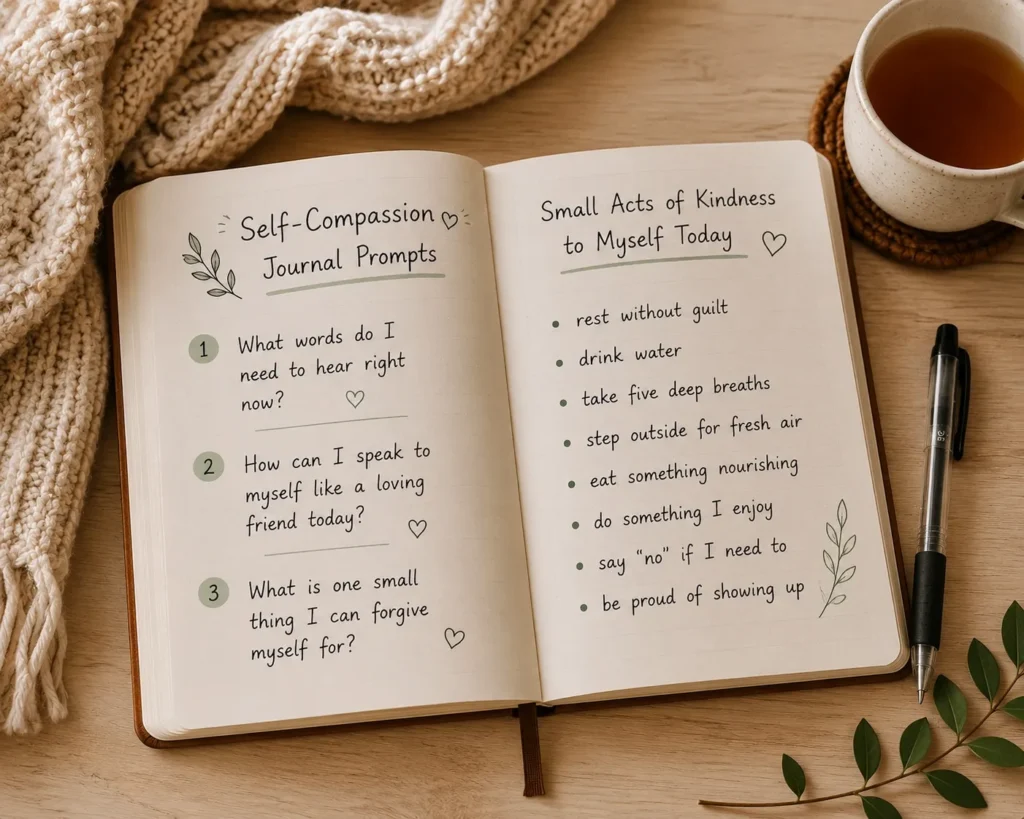 An open journal with written self-compassion prompts resting beside a warm cup of tea and a cozy blanket.