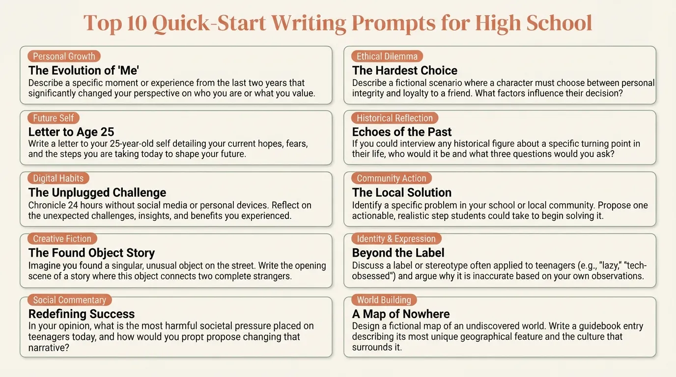 An organized infographic displaying 10 quick-start high school writing prompts categorized into personal growth, creative fiction, reflection, and future goals for teenagers.