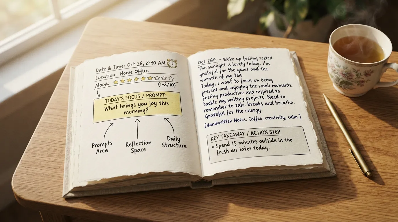 An open paper journal lying on a cozy wooden desk next to a cup of warm tea, showing a clear, handwritten example of the universal journal format with Date, Setting, Mood, Prompt, Entry, and Key Takeaway sections.