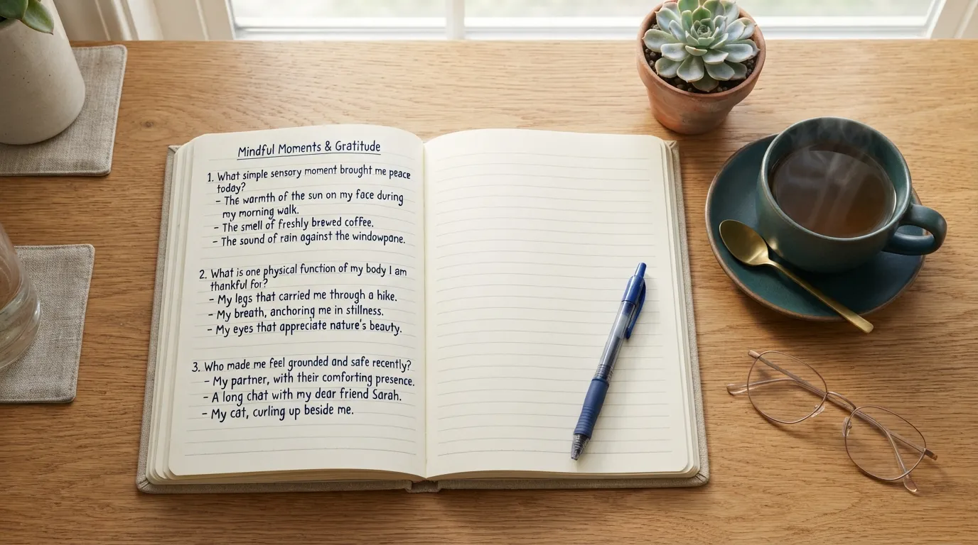 A cozy wooden desk setup featuring a handwritten gratitude journal open to daily wellness prompts next to a steaming mug of tea, a small succulent, and warm morning sunlight.