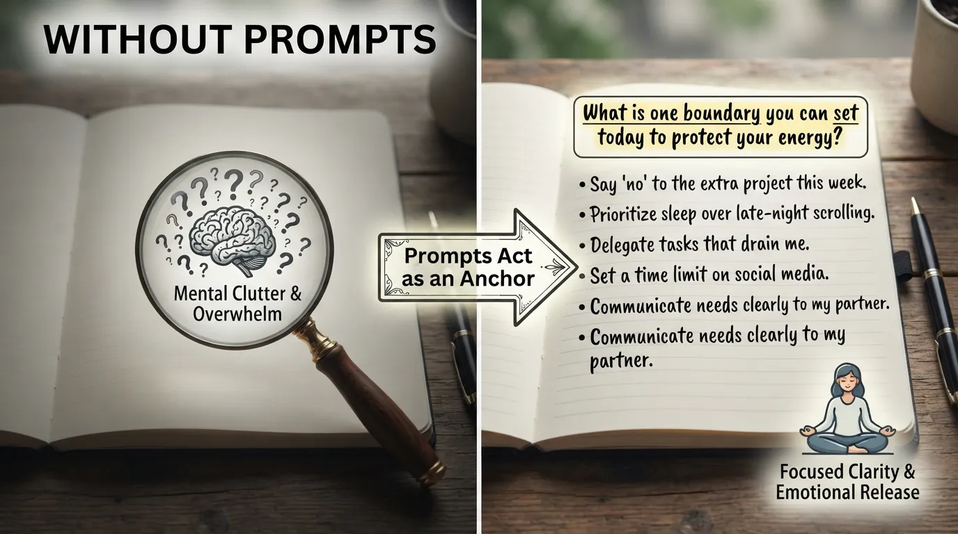 A structured diagram comparing an overwhelming blank journal page with a guided page using a mental health journal prompt as an anchor for thoughts.