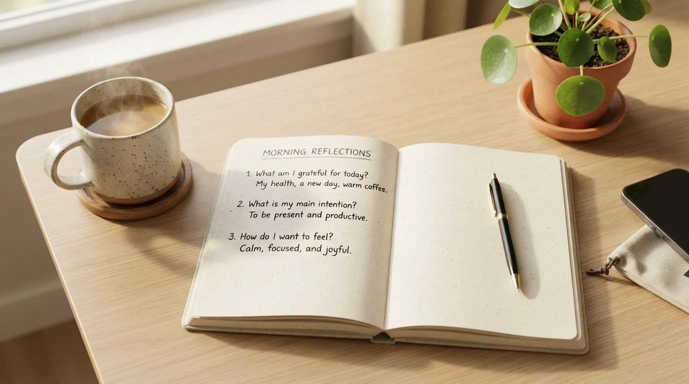 A open paper journal on a wooden table with simple morning journal prompts written on the page alongside a coffee cup and pen.