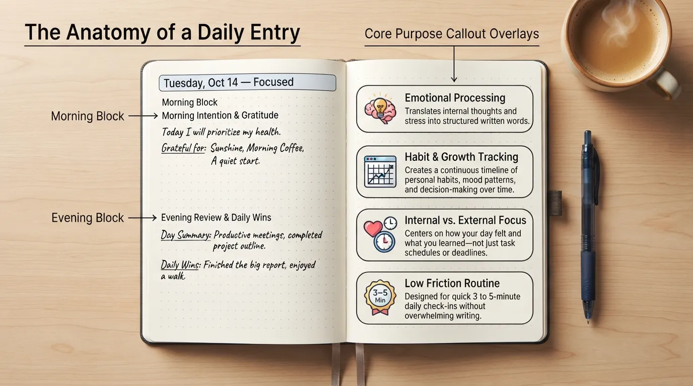 Top-down view of an open daily journal notebook on a workspace showing structured morning and evening reflection entries, daily date headers, and mood tracking callouts.