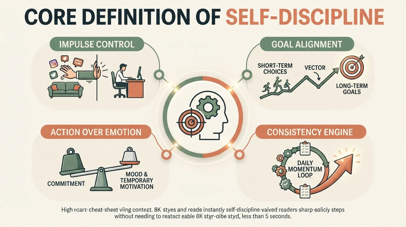 Diagram illustrating the definition of self-discipline, showing how goal setting, emotional control, consistency, and long-term focus connect to turn intentions into actions.