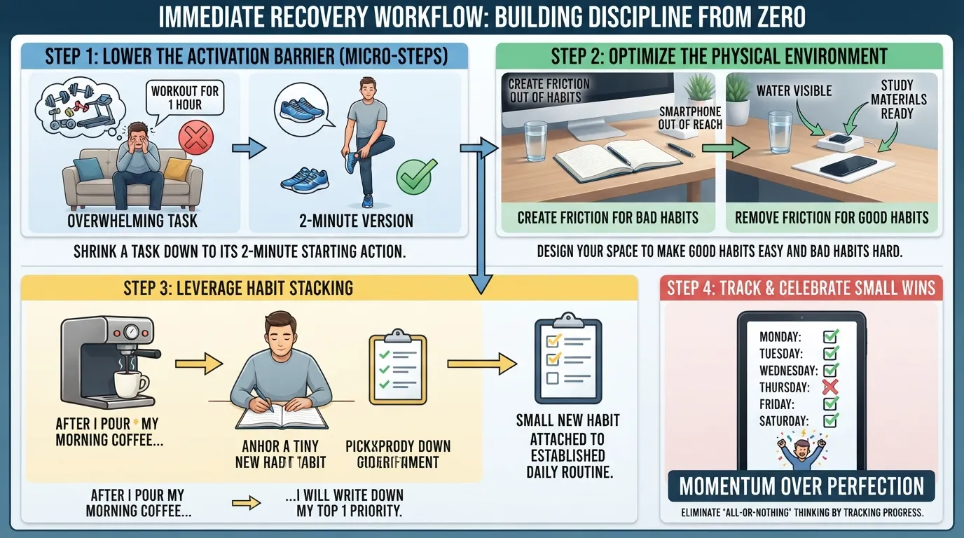 Step-by-step actionable guide showing what to do when you have zero self-discipline, featuring habit stacking, environment design, and small daily wins.