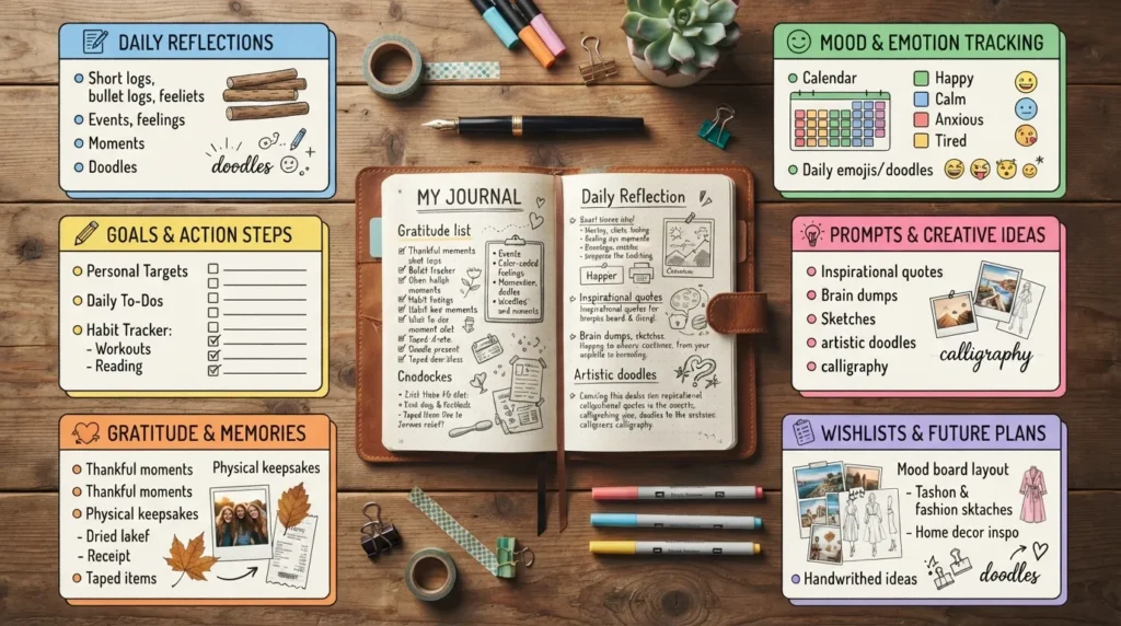 An infographic chart showing creative diary entry ideas including daily thoughts, mood tracking, personal goals, habit logs, and memory keeping.