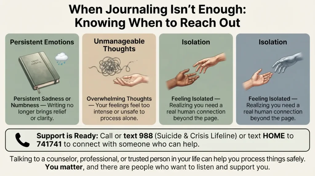 A helpful visual guide listing four key signs that journaling may not be enough, including persistent anxiety, unmanageable thoughts, feeling isolated, and when to contact support resources like the 988 Crisis Lifeline.