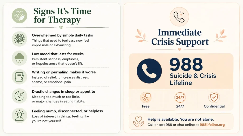 An informative infographic detailing key signs that journaling is not enough for mental health, highlighting when to seek professional therapy, and featuring crisis hotline contact information.