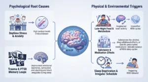 An infographic illustrating the primary physical and psychological root causes of nightmares, including stress, trauma, REM sleep disruption, and bedtime triggers.