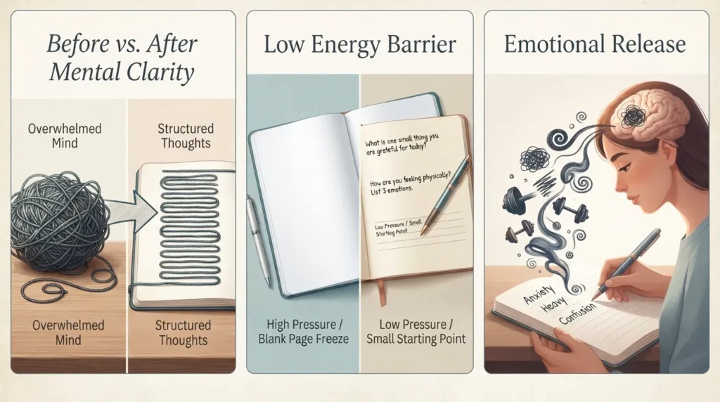An infographic illustrating how structured journal prompts help manage depression by reducing cognitive overload, organizing tangled thoughts, and lowering emotional stress.