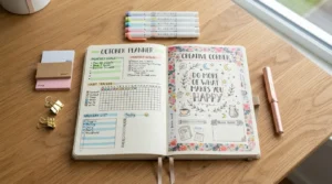 Flat-lay photograph of an open notebook surrounded by pens, colorful washi tape, and handwritten lists, representing fun, cute, and useful things to write on every page.