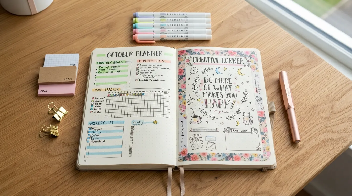 Flat-lay photograph of an open notebook surrounded by pens, colorful washi tape, and handwritten lists, representing fun, cute, and useful things to write on every page.