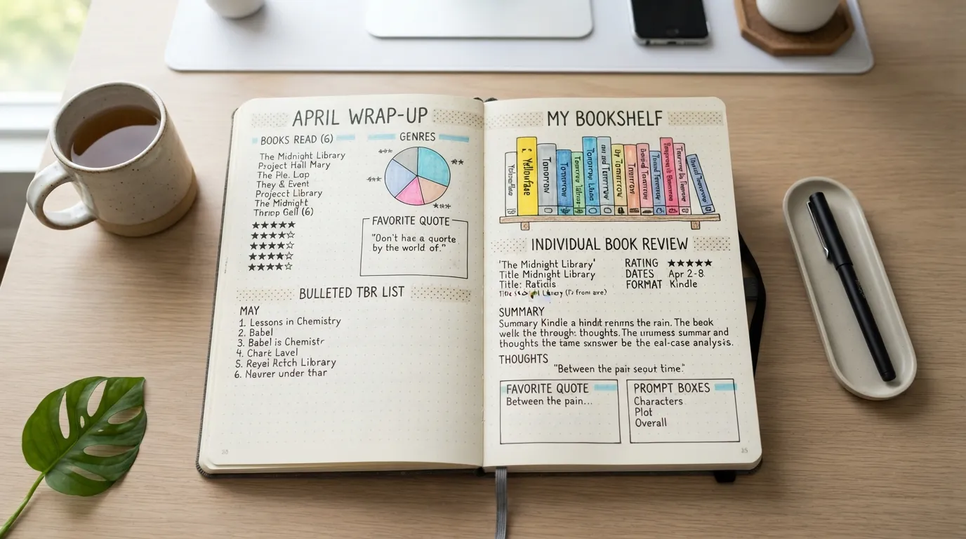 Flat lay photograph of an open reading journal displaying multiple creative book log spreads, tracker grids, and decorative reading lists across different pages.