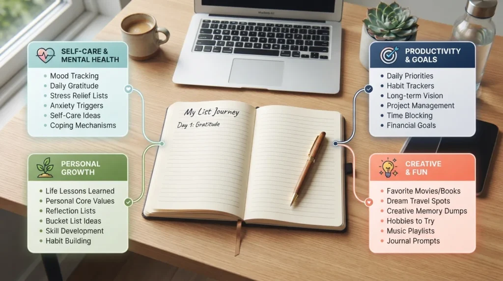 Visual guide summarizing 150 plus journaling list ideas, showing categories like self-care, daily routines, goal setting, and creative prompts arranged on a desk next to an open notebook and pen.