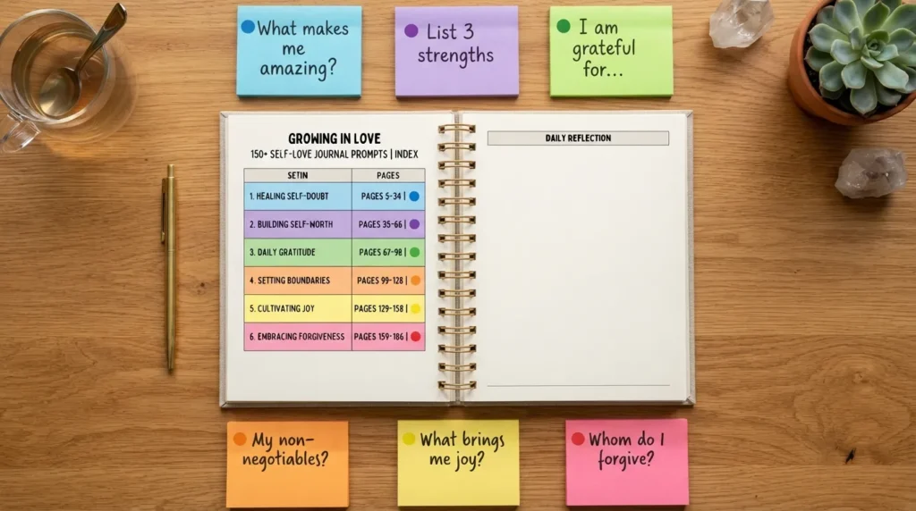 An open journal surrounded by colorful sticky notes organizing self-love prompts into categories like self-worth, emotional healing, and daily confidence.