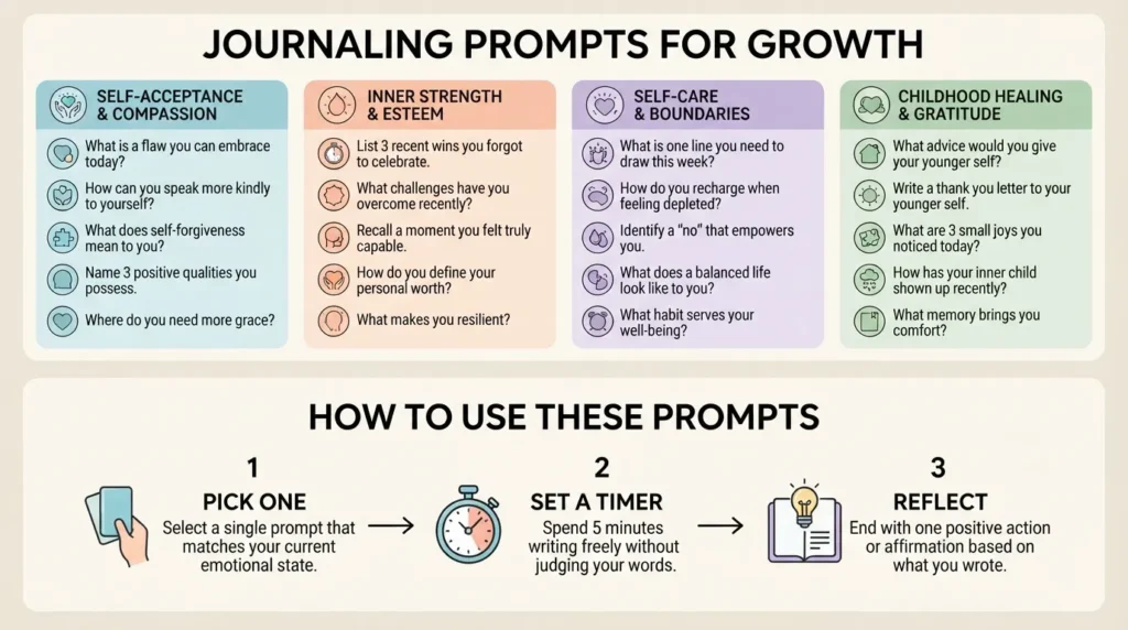 Infographic breakdown showing 150-plus self-love journal prompts divided into categories with a step-by-step guide on how to use them daily.