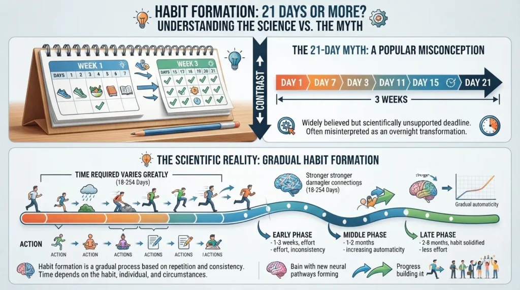 Visual timeline showing the 21-day habit theory compared with the longer and varied time it can take to form a habit.
