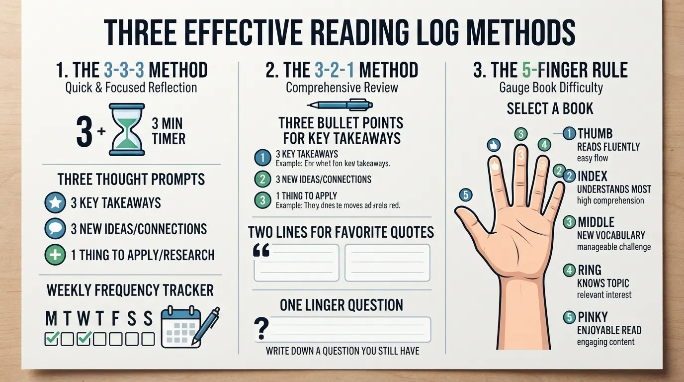 Infographic comparing the 3-3-3 method, 3-2-1 method, and 5-finger rule applied to a book journal.