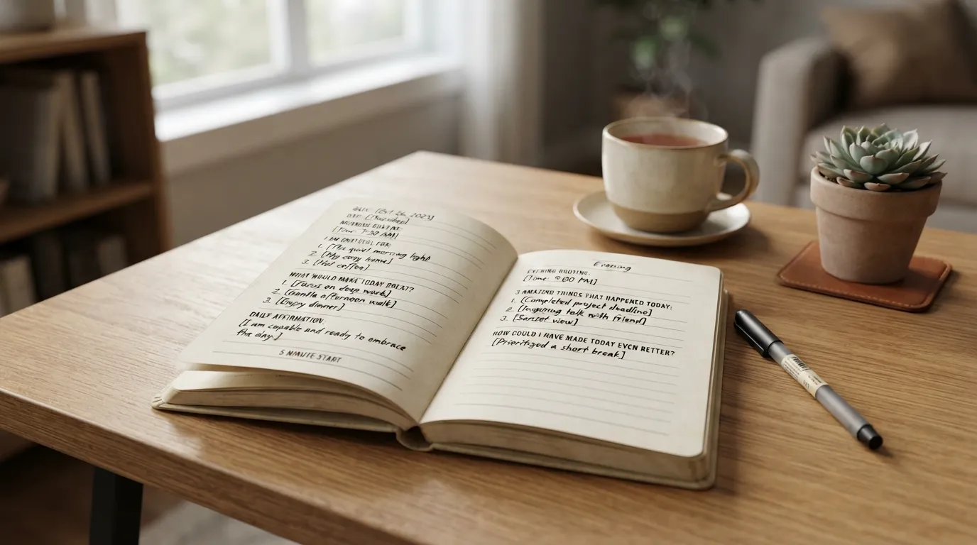 Open journal showing 5 minute journal prompts with gratitude notes, daily affirmations, morning and evening reflection sections, and examples for beginners