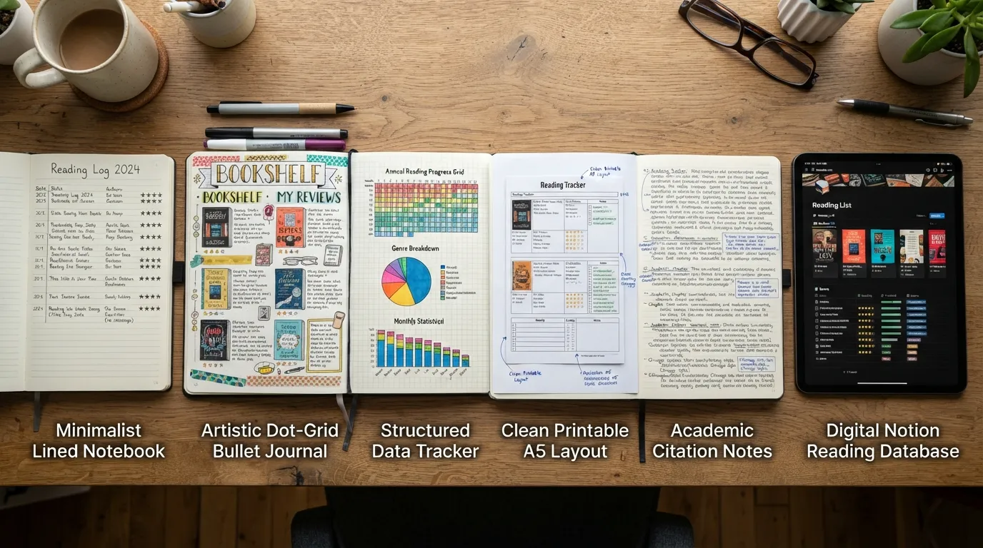 Flat lay photo of six different book journal styles, ranging from minimalist notebooks and artsy bullet journals to data trackers and digital tablets, displayed side-by-side on a wooden desk.