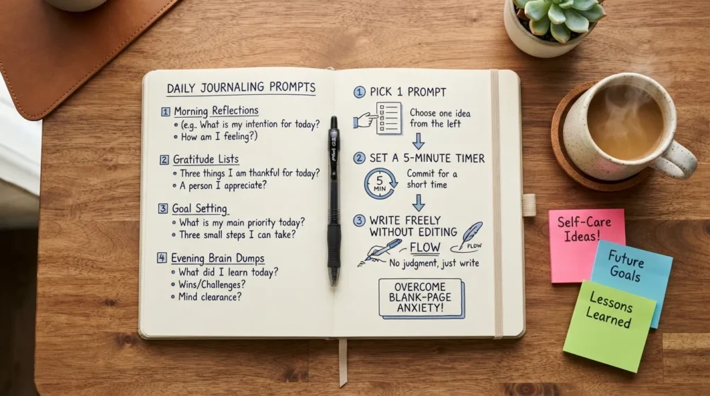 An open journal displaying handwritten list prompts and ideas for beginners, surrounded by a pen, sticky notes, and a cozy cup of coffee on a wooden desk.