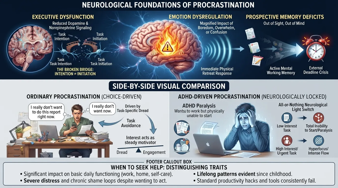 Infographic illustrating the link between ADHD and procrastination, showing executive dysfunction, emotion dysregulation, and differences between ordinary procrastination and ADHD paralysis.