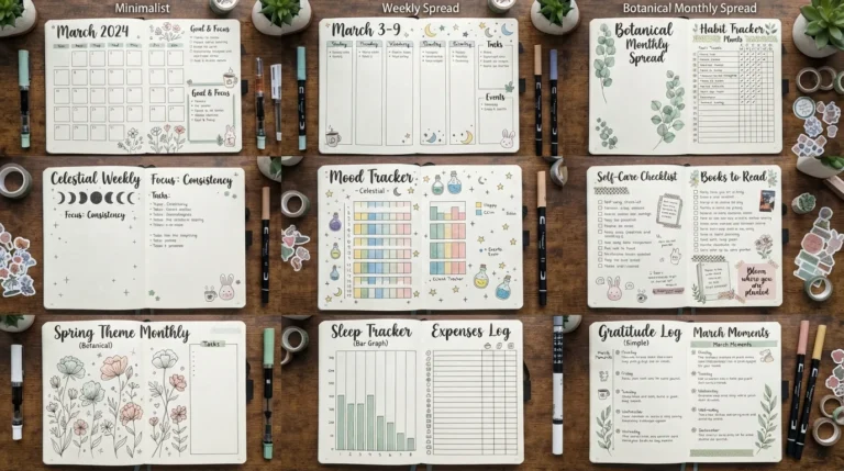 Collage of cute and simple aesthetic bullet journal ideas featuring minimalist layouts, doodles, quotes, trackers, stickers, and themed pages