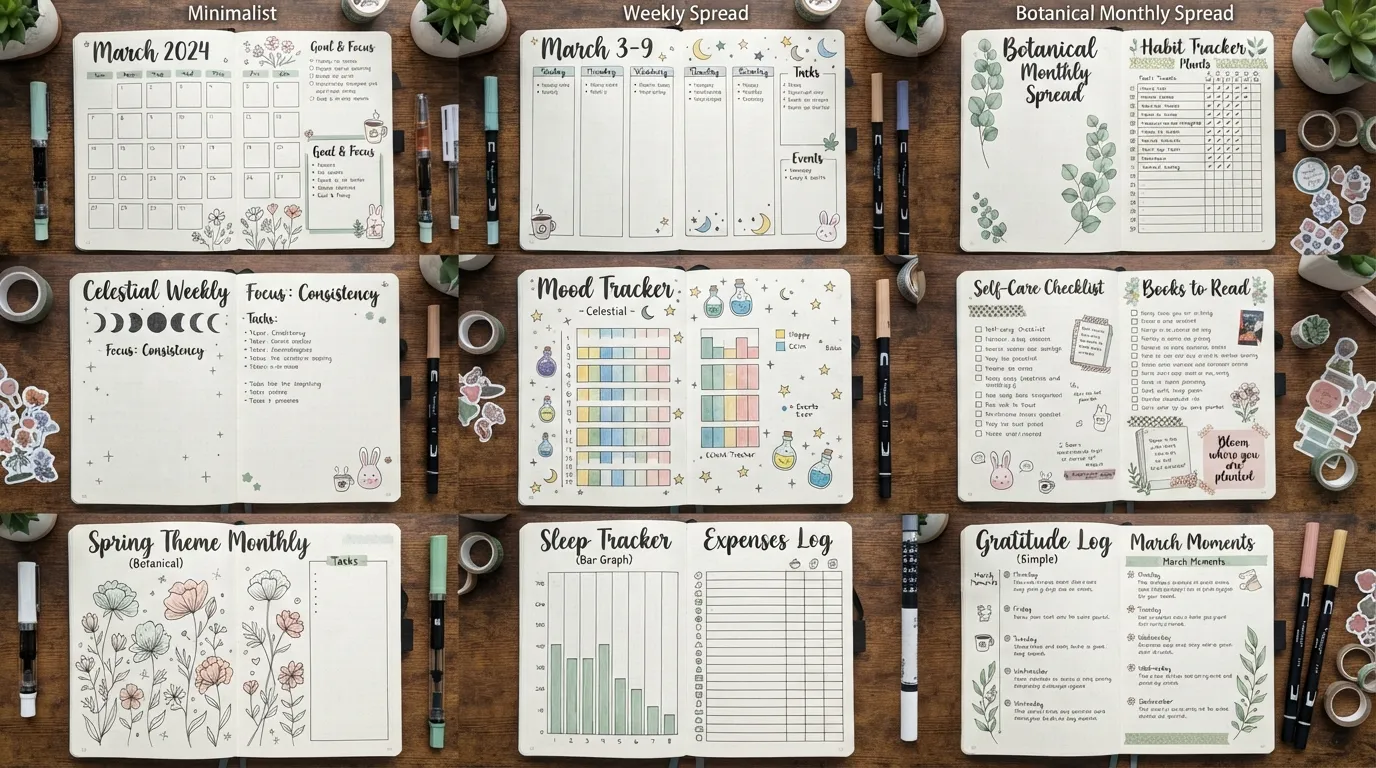 Collage of cute and simple aesthetic bullet journal ideas featuring minimalist layouts, doodles, quotes, trackers, stickers, and themed pages