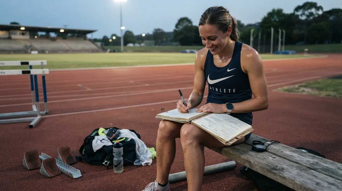 Athlete writing in a sports journal with prompts for goal setting, training reflection, mental toughness, confidence building, and performance improvement.