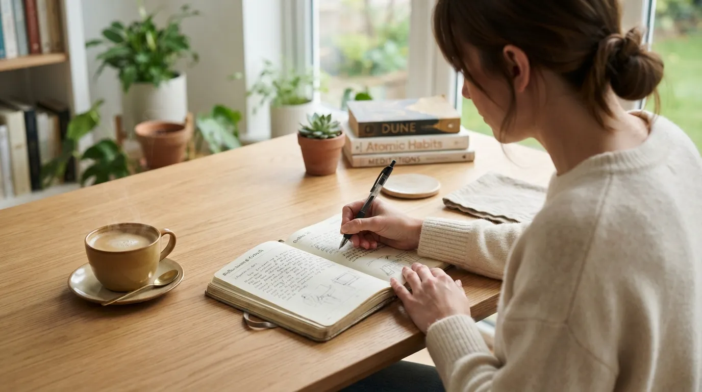 A person writing in a notebook, visually illustrating the mental health, stress relief, and cognitive benefits of journaling.