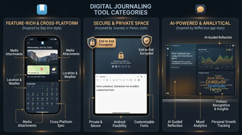 A curated layout showcasing interface screens of top digital journaling apps, featuring a modern smartphone and tablet displaying encrypted entries, mood trackers, and AI reflection prompts.