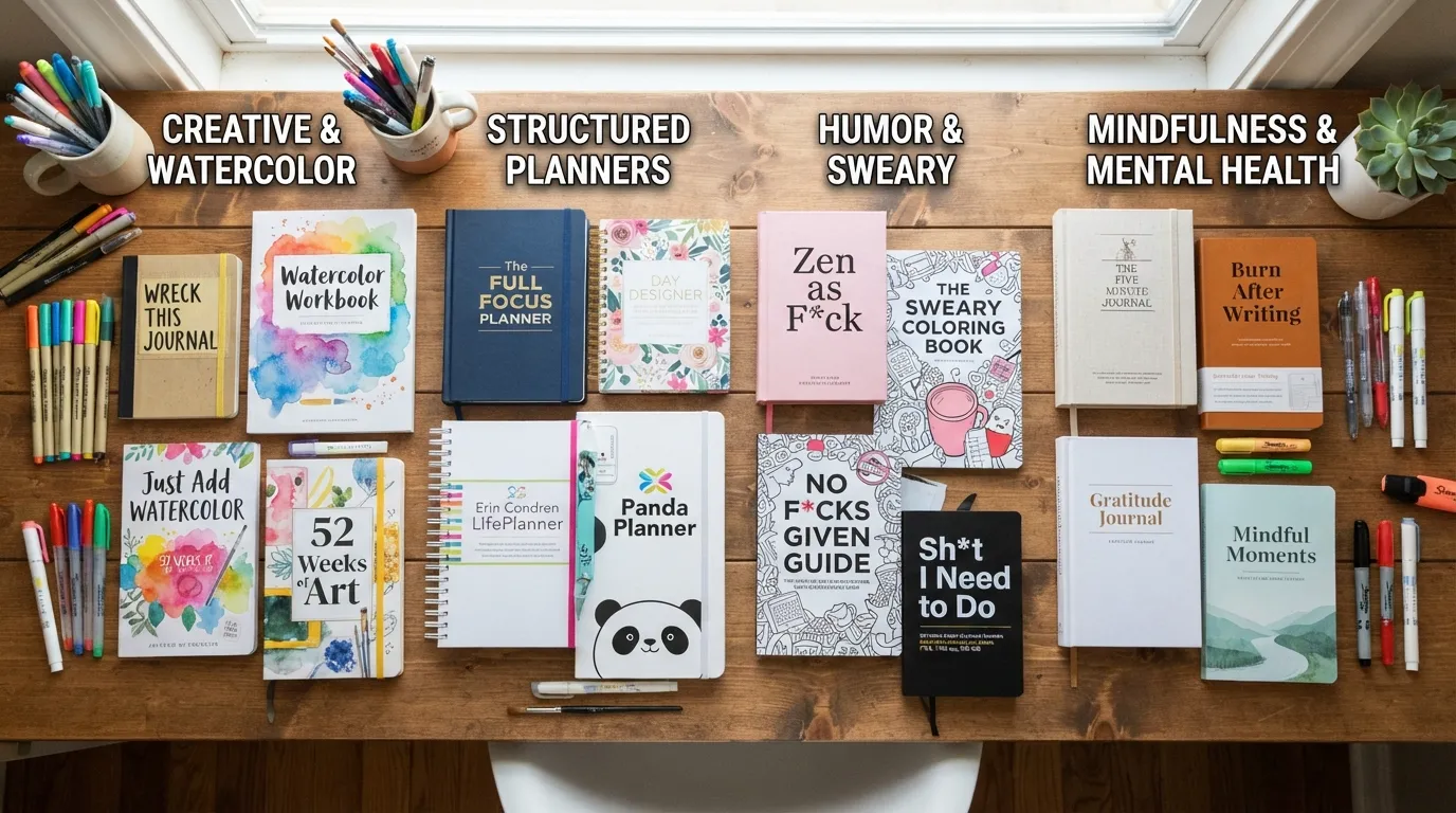 A flat lay photo displaying a variety of colorful fun guided journals, creative prompt books, and decorative pens arranged on a wooden desk.
