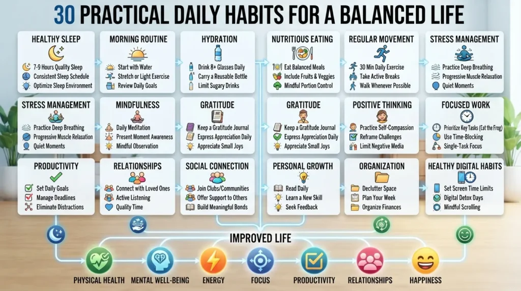 Visual overview of good daily habits for better health, happiness, focus, productivity, sleep, nutrition, exercise, and personal well-being.