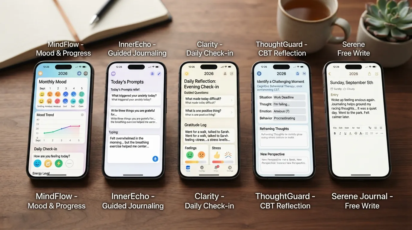 Comparison of the best journaling apps for anxiety and depression in 2026, showing different options for guided journaling, mood tracking, and mental health support.