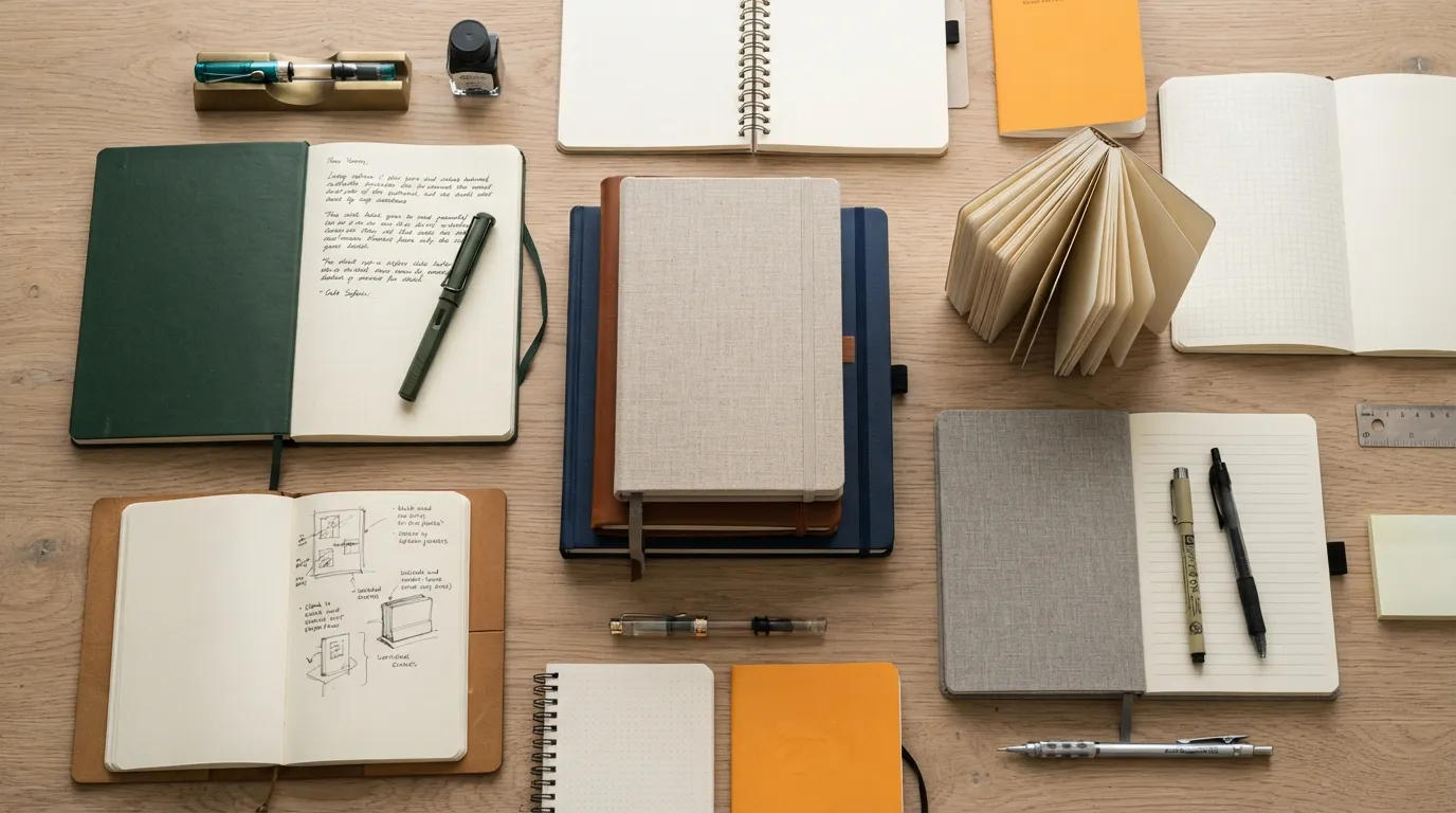 A curated collection of diverse A5 notebooks and journals for journaling, including hardcover, softcover, and dot-grid styles, displayed on a wooden desk to represent top 2026 writing picks.
