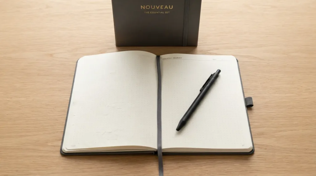 A flat lay photo displaying a curated notebook set including a bound journal, a matching metal pen, and a slipcase on a minimalist wooden desk.