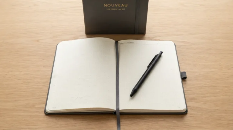 A flat lay photo displaying a curated notebook set including a bound journal, a matching metal pen, and a slipcase on a minimalist wooden desk.