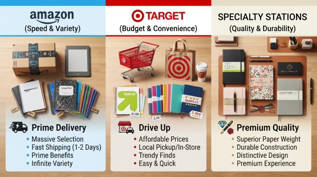 A flat-lay photo comparing different retail options for notebook sets, featuring Amazon packages, a Target shopping bag, and specialty stationery brands.