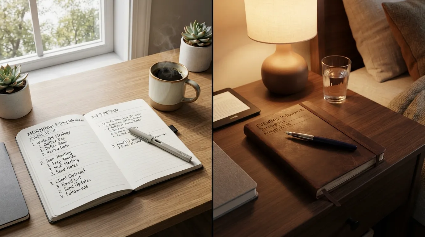 A split-screen photo showing a morning coffee setup with a notebook on the left and an evening bedside lamp with a journal on the right, illustrating morning versus evening journaling.